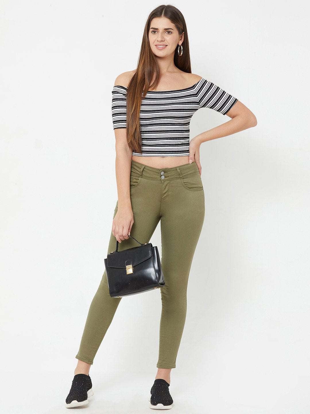 Women Light Olive Mid-Rise Skinny Crop Jeans
