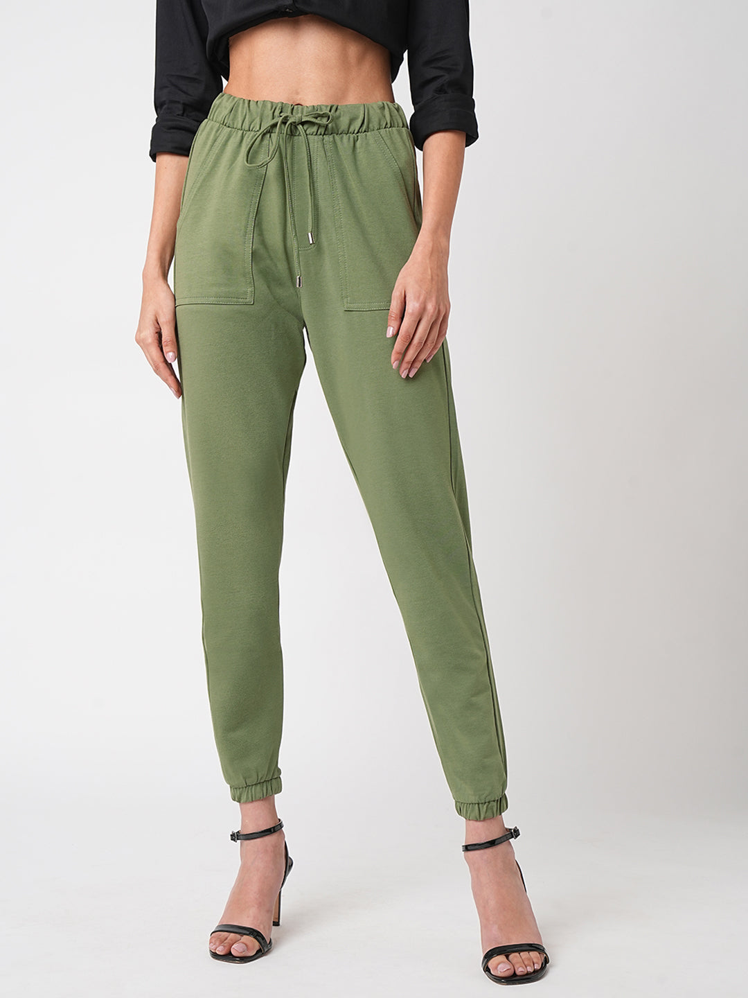 Women Olive Mid-Rise Athleisure Joggers