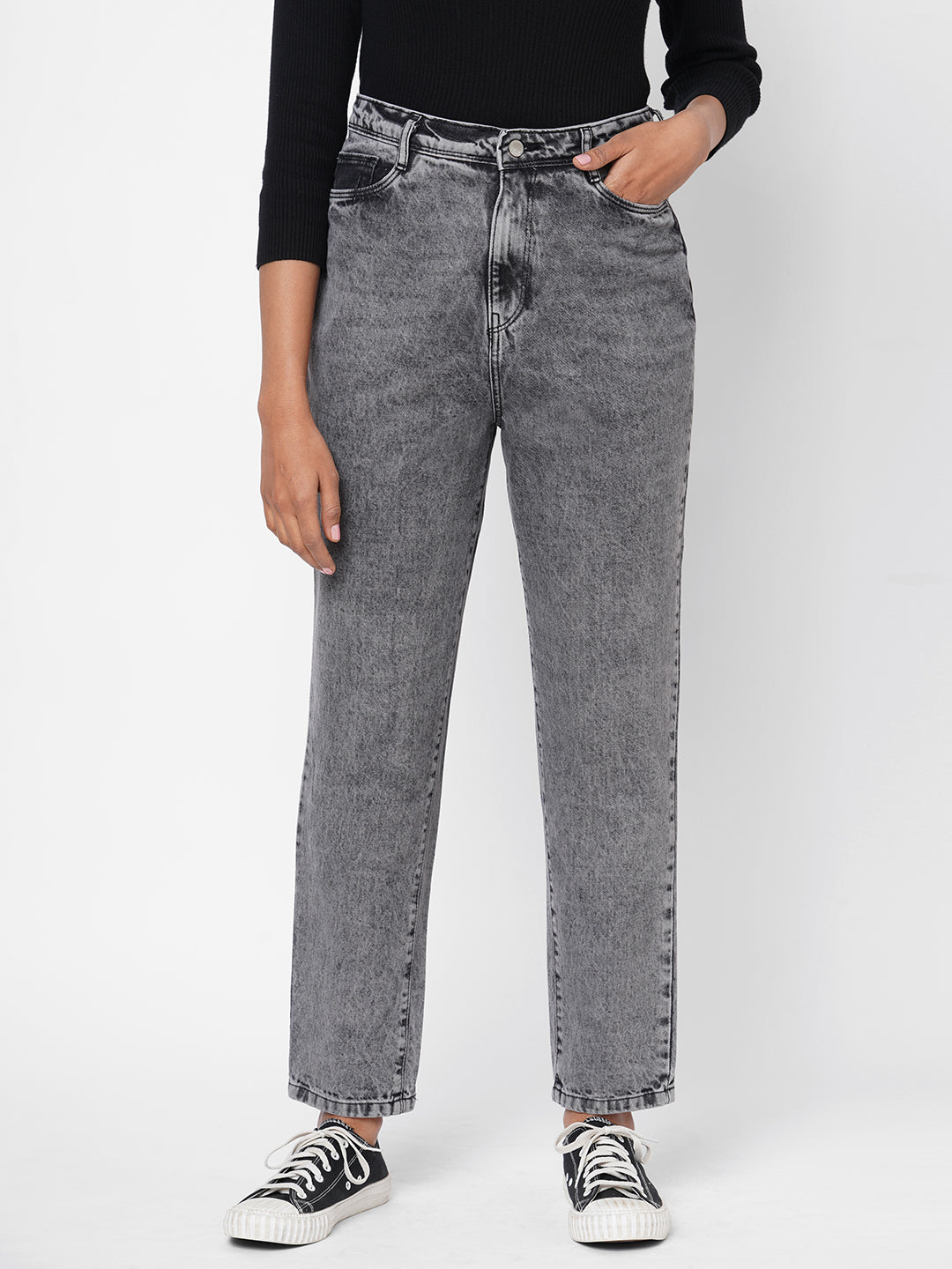 Women Grey High-Rise Mom Fit Jeans