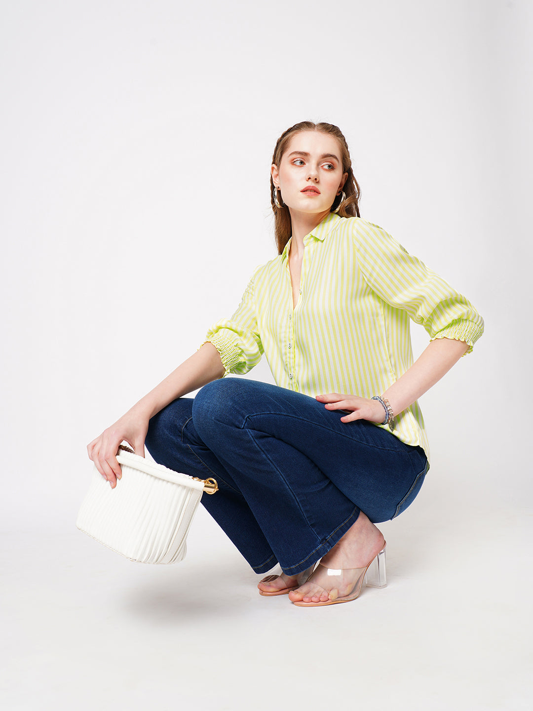 Women Lime & White Striped Shirt