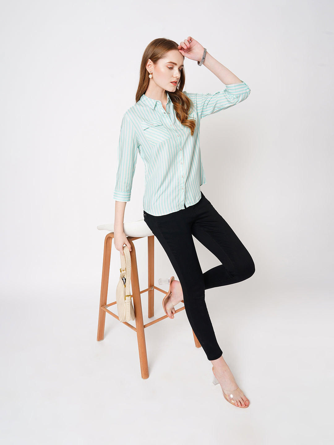 Women Mint & White Striped Shirt