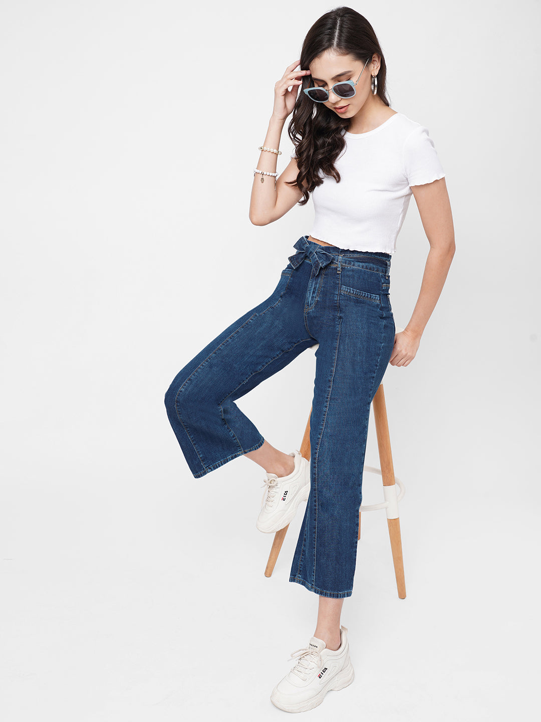 Women Dark Blue High-Rise Wide Leg Jeans