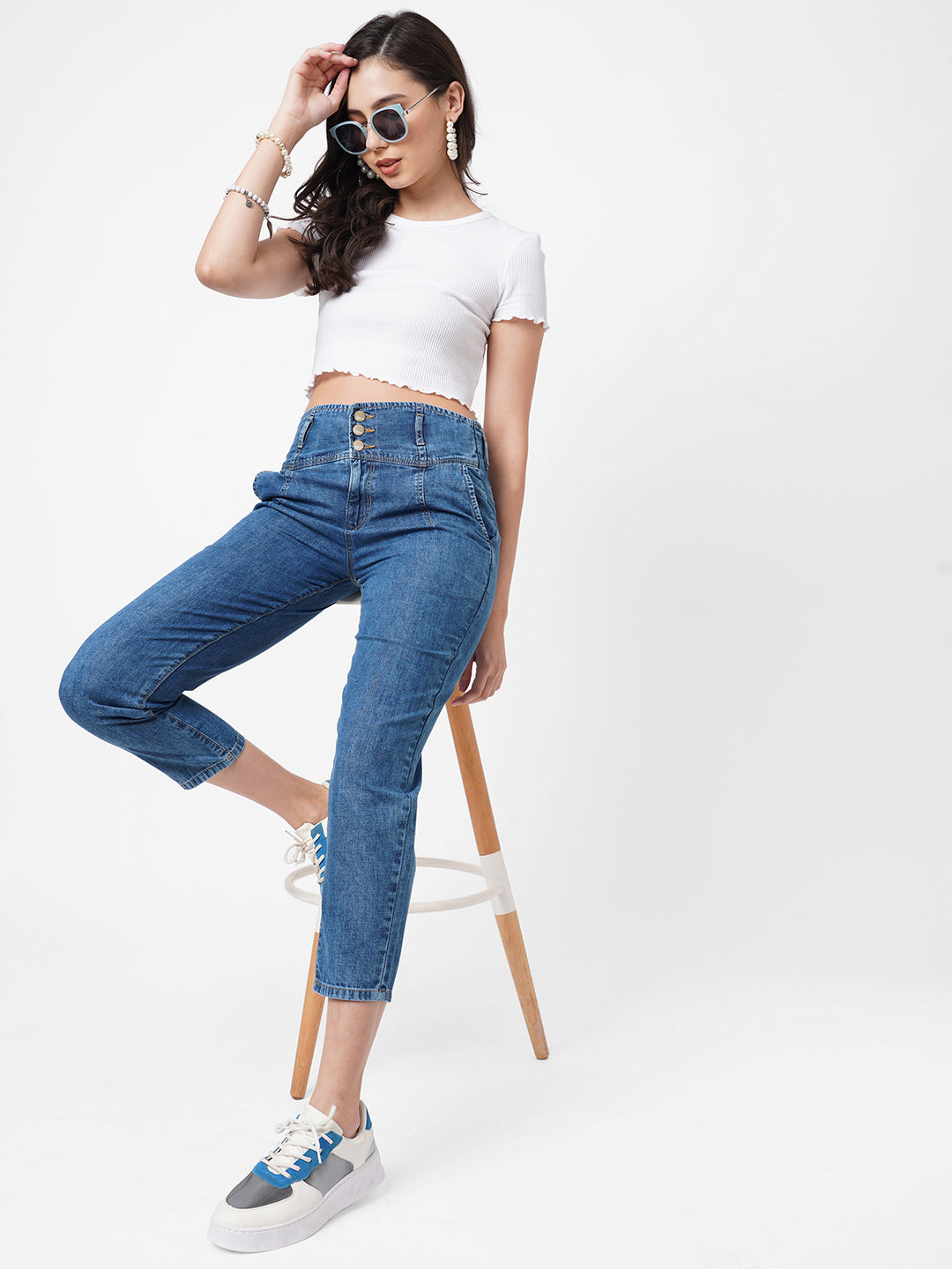 Women Light Blue High-Rise Baggy Jeans