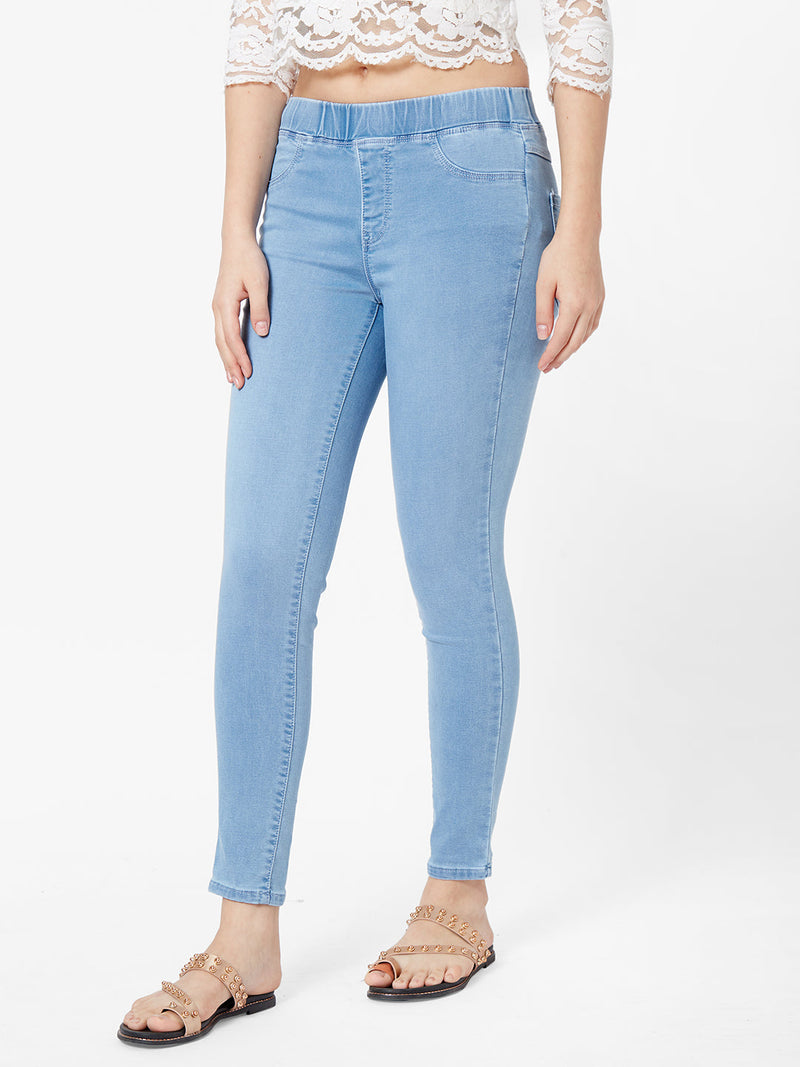 Women Light Blue Solid Denim Jeggings - Light Blue