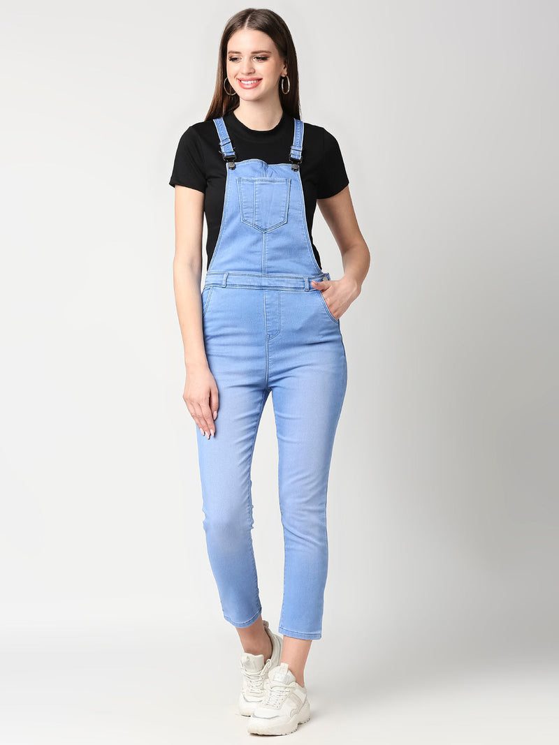 Women Light Blue Solid Dungarees - Light Blue