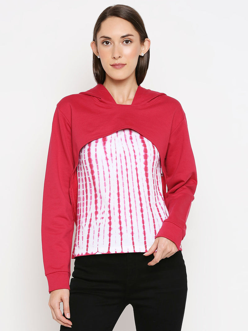 Women Pink Bust Cut Cropped Hoodie With Tank Sweatshirt - Fuchsia Pink