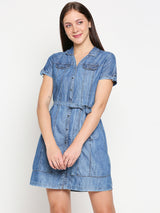 Women Blue Solid Denim Dresses - Blue
