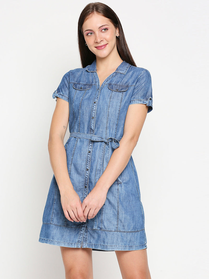 Women Blue Solid Denim Dresses - Blue