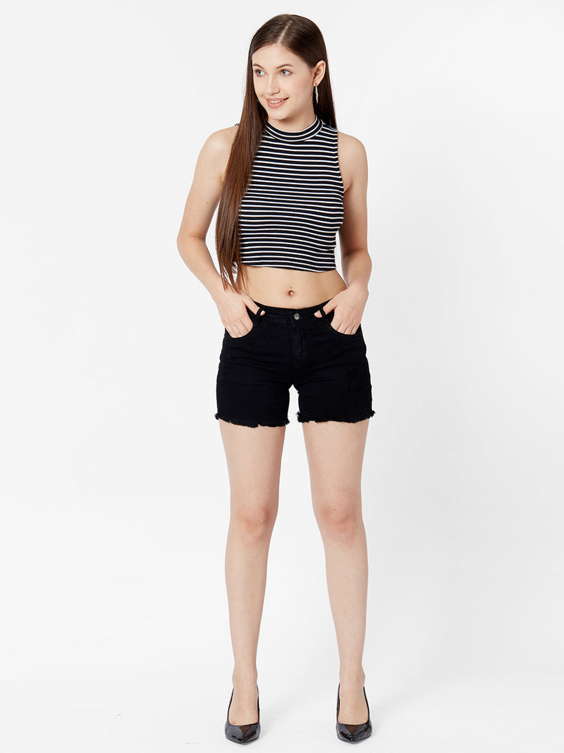 Mid Rise Ripped Shorts - Black
