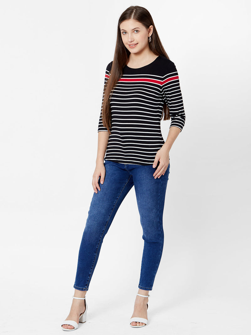 Women Black & White Stripe T-Shirt - Black White