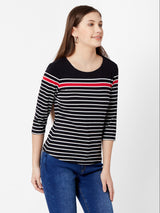 Women Black & White Stripe T-Shirt - Black White