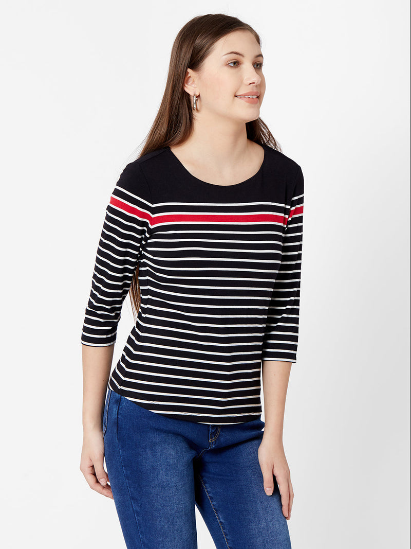 Women Black & White Stripe T-Shirt - Black White