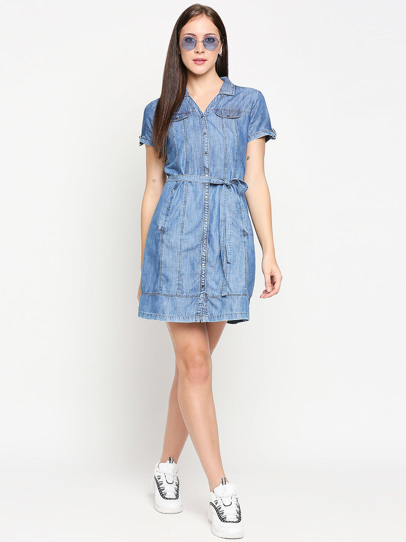 Women Blue Solid Denim Dresses - Blue