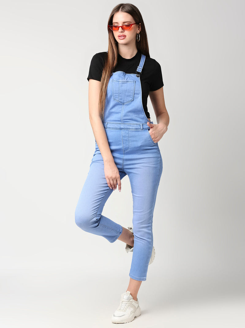 Women Light Blue Solid Dungarees - Light Blue