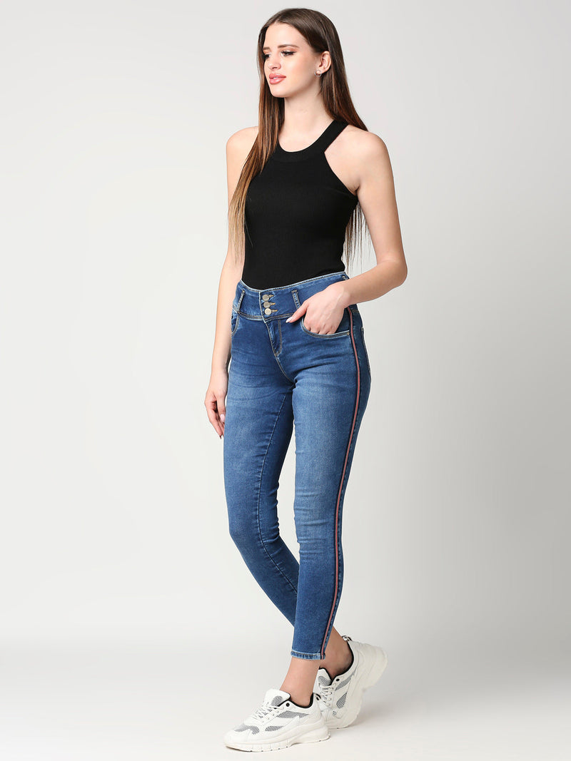 K4014 High-Rise Skinny Side Tape Jeans - Blue