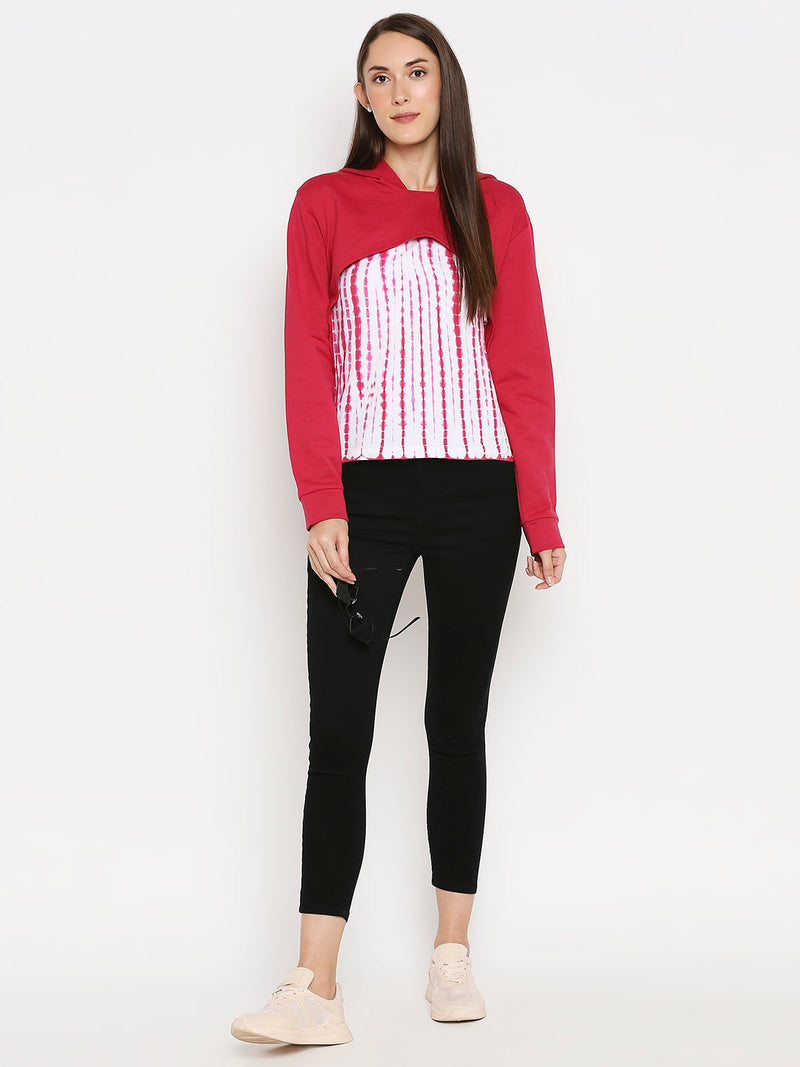 Women Pink Bust Cut Cropped Hoodie With Tank Sweatshirt - Fuchsia Pink