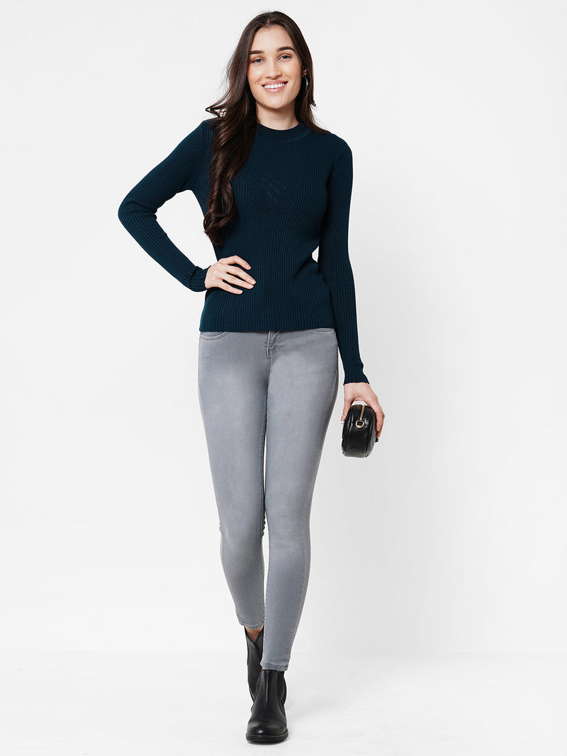 Women Blue Solid Sweater - Airforce Blue