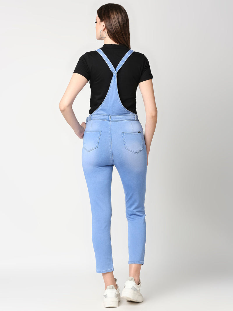 Women Light Blue Solid Dungarees - Light Blue