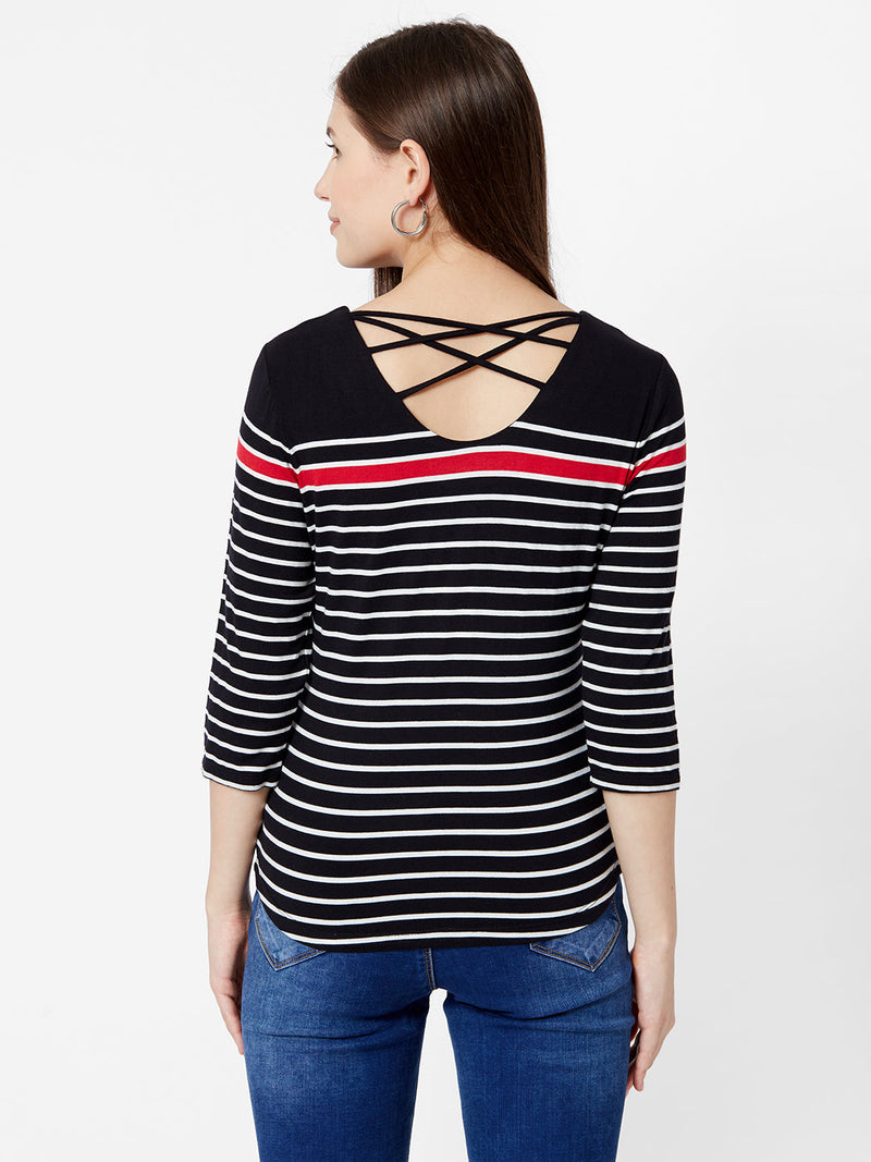 Women Black & White Stripe T-Shirt - Black White