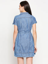 Women Blue Solid Denim Dresses - Blue