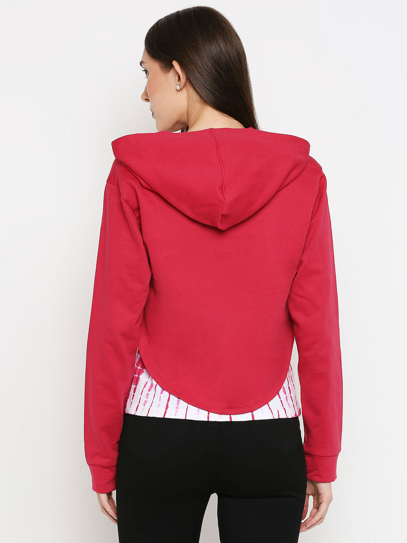Women Pink Bust Cut Cropped Hoodie With Tank Sweatshirt - Fuchsia Pink