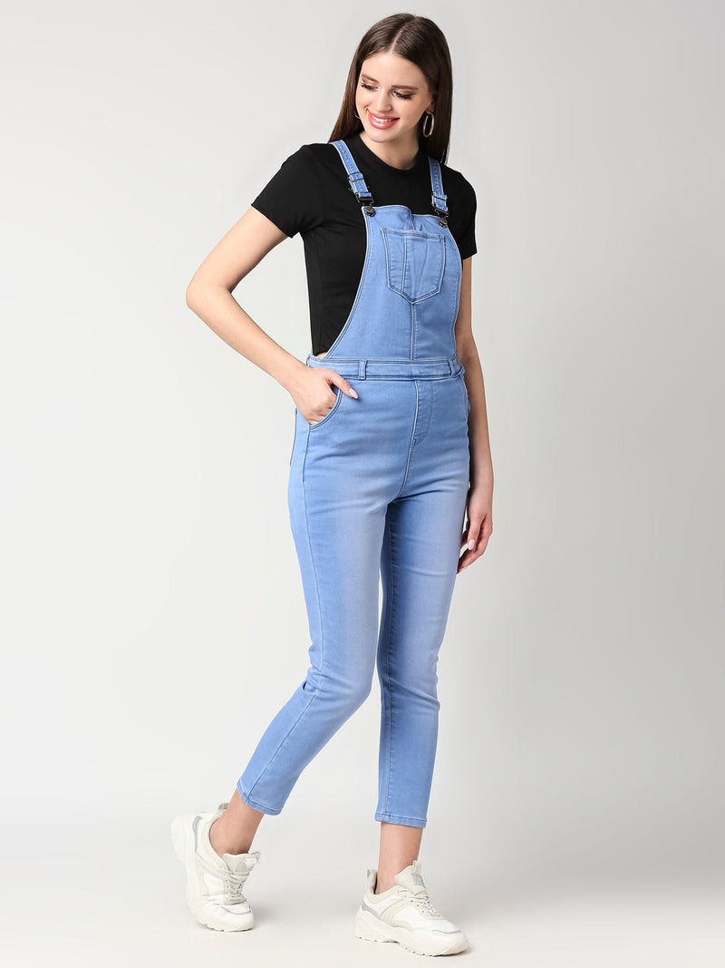 Women Light Blue Solid Dungarees - Light Blue