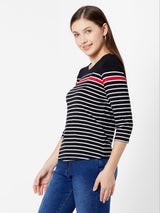 Women Black & White Stripe T-Shirt - Black White