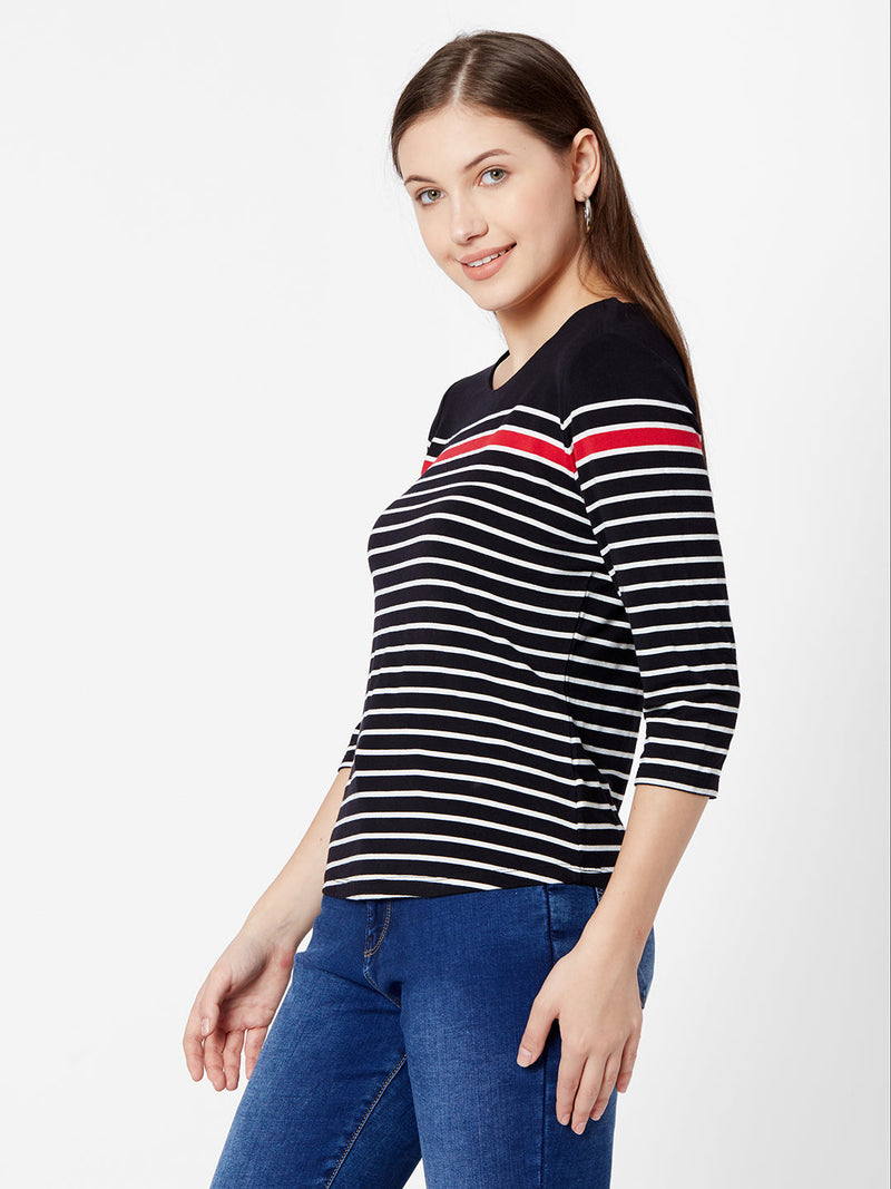 Women Black & White Stripe T-Shirt - Black White