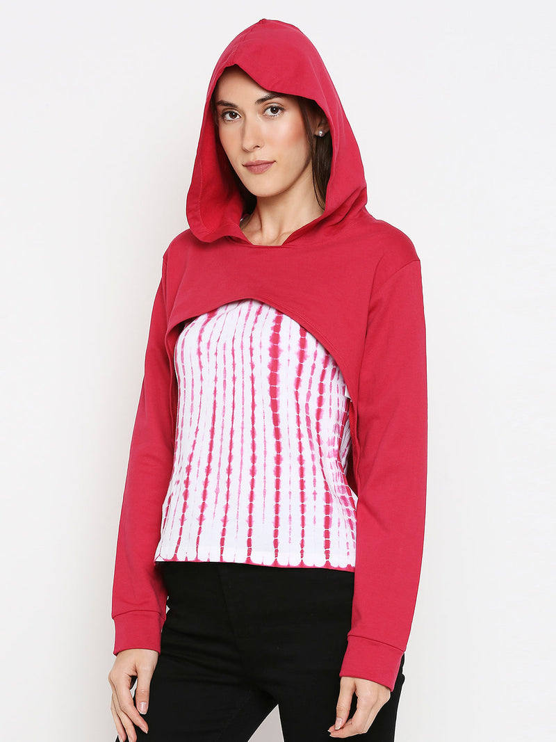 Women Pink Bust Cut Cropped Hoodie With Tank Sweatshirt - Fuchsia Pink