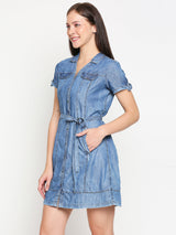 Women Blue Solid Denim Dresses - Blue
