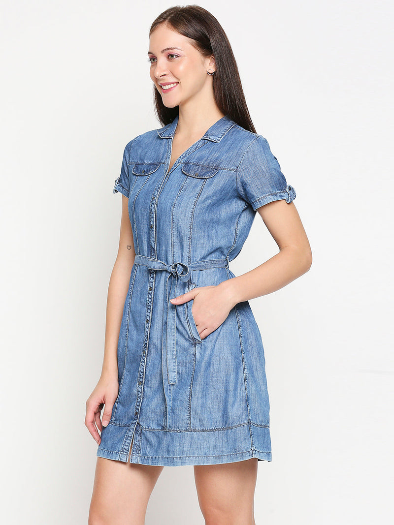 Women Blue Solid Denim Dresses - Blue