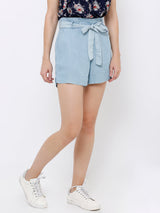High-Rise Paper Bag Shorts - Light Blue
