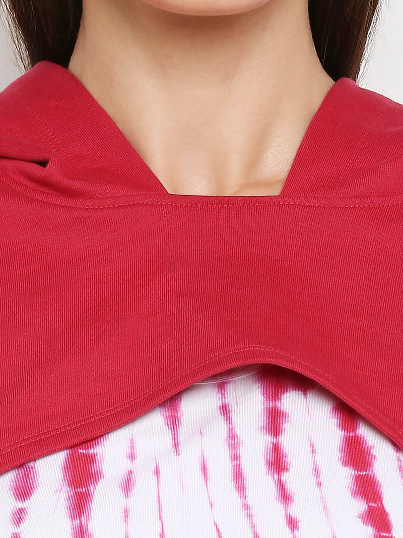 Women Pink Bust Cut Cropped Hoodie With Tank Sweatshirt - Fuchsia Pink