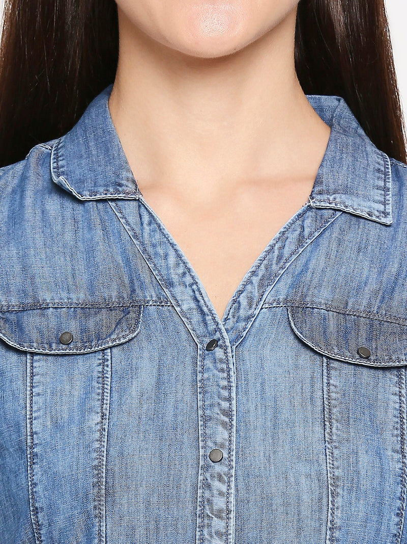 Women Blue Solid Denim Dresses - Blue