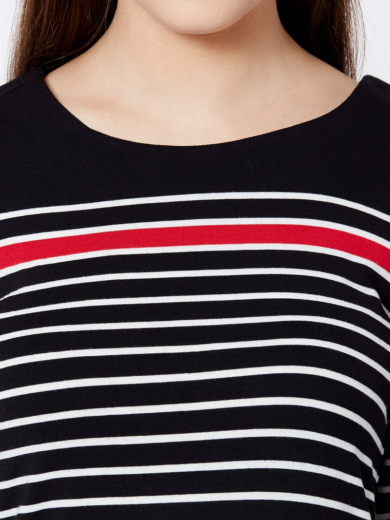 Women Black & White Stripe T-Shirt - Black White