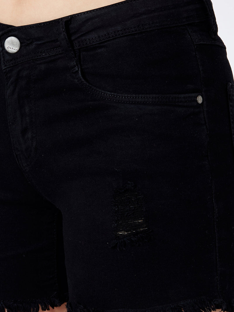 Mid Rise Ripped Shorts - Black