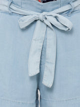 High-Rise Paper Bag Shorts - Light Blue