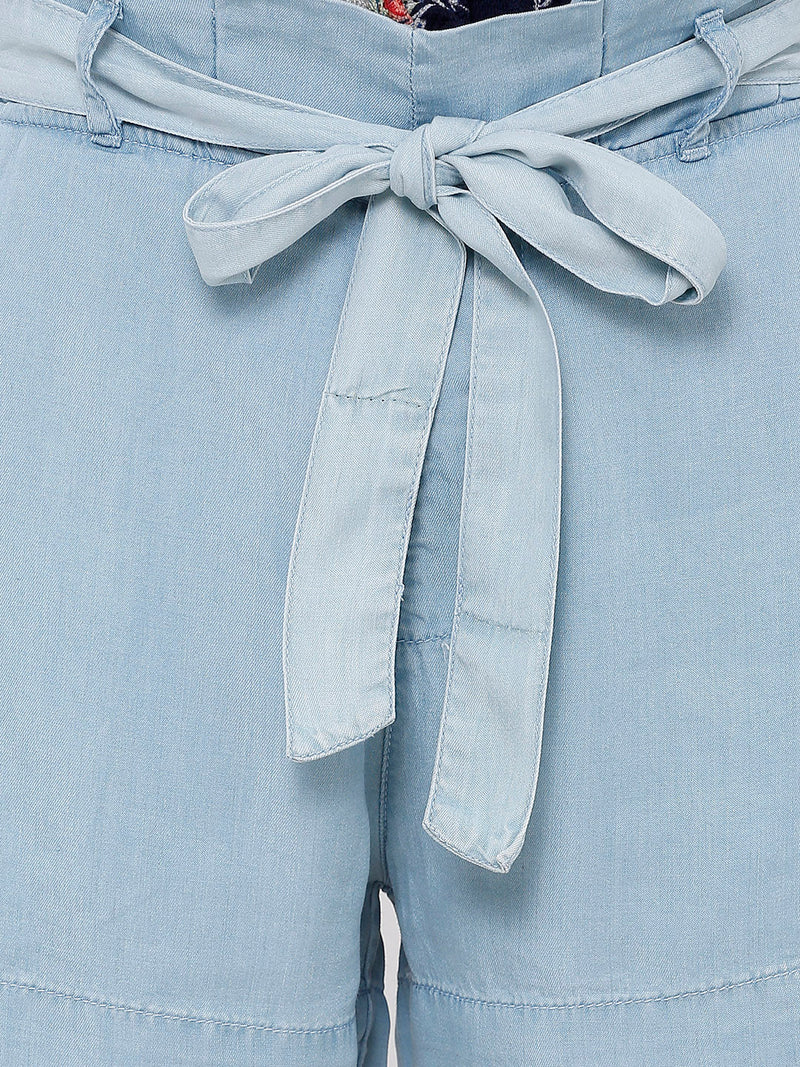 High-Rise Paper Bag Shorts - Light Blue