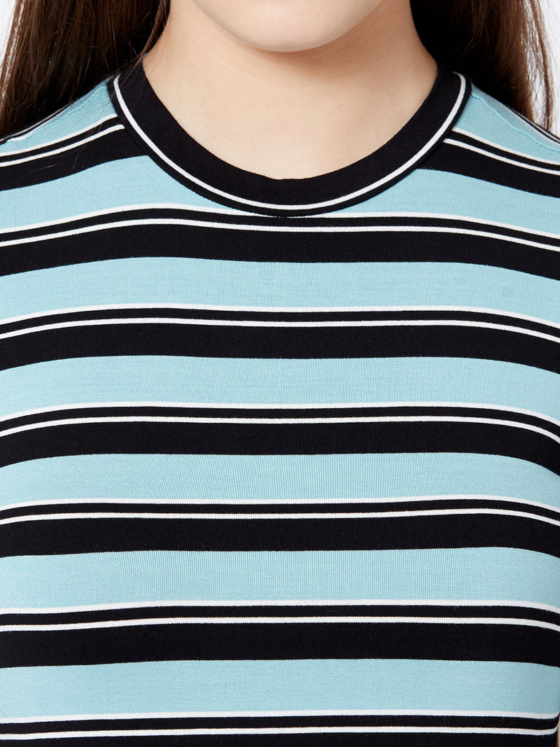Women Aqua Black Stripe T-Shirt - Aqua Black