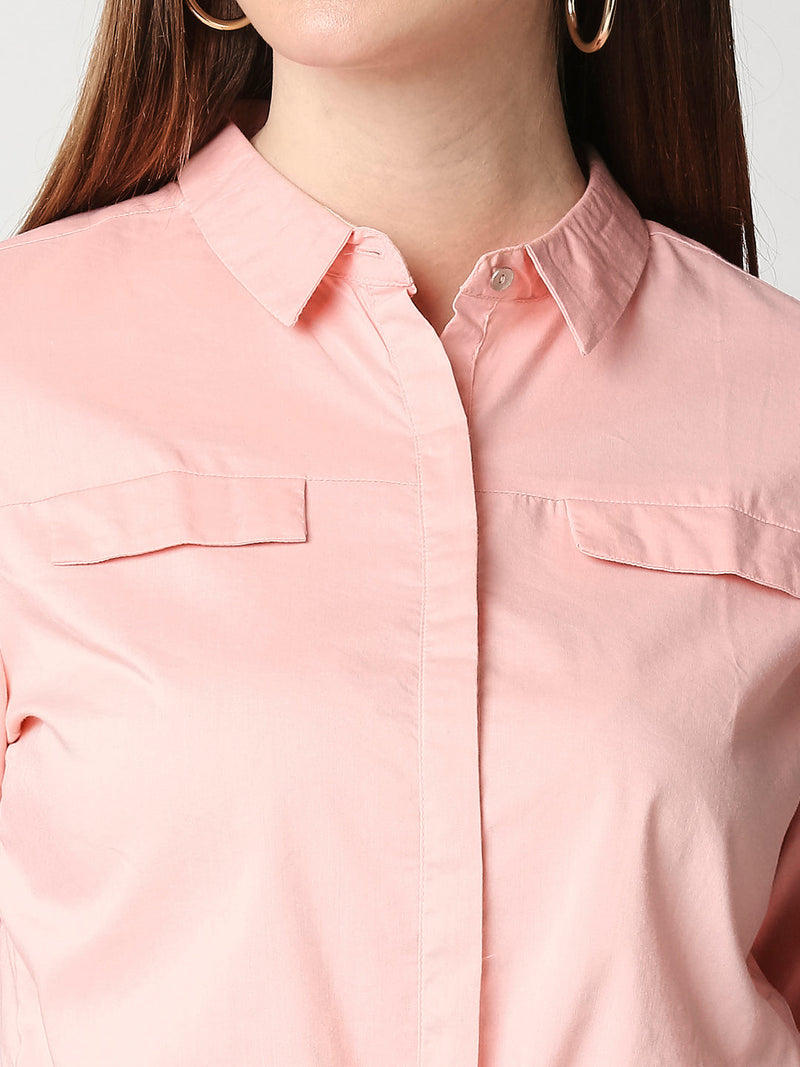 Women Peach Solid Crop Shirt - Peach