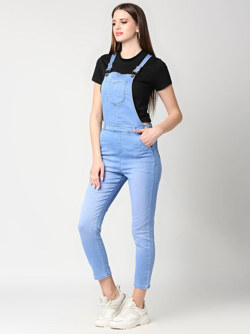 Women Light Blue Solid Dungarees - Light Blue