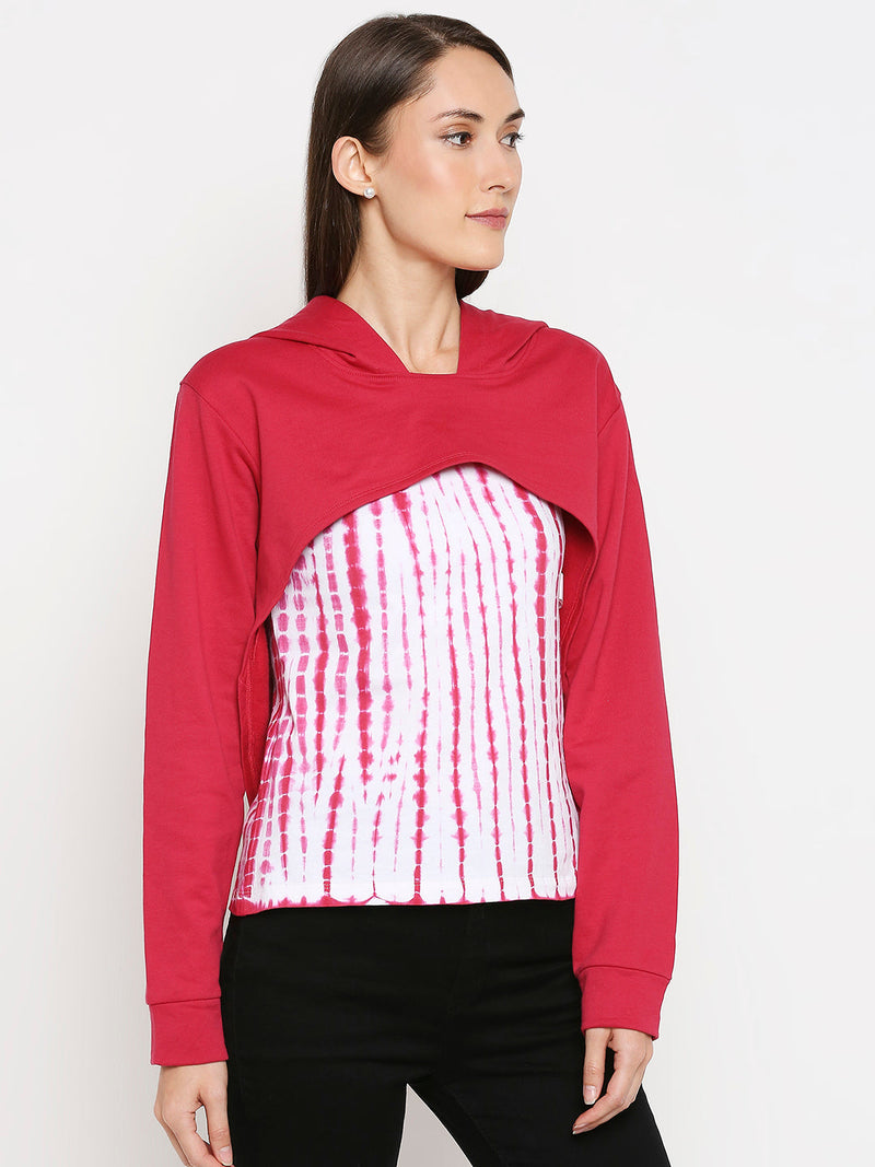 Women Pink Bust Cut Cropped Hoodie With Tank Sweatshirt - Fuchsia Pink