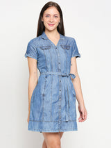 Women Blue Solid Denim Dresses - Blue