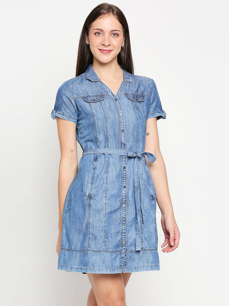 Women Blue Solid Denim Dresses - Blue