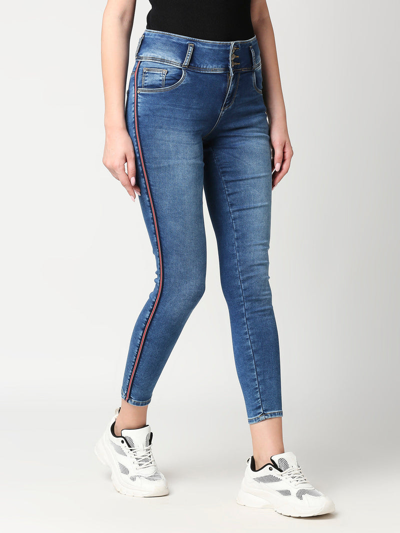 K4014 High-Rise Skinny Side Tape Jeans - Blue