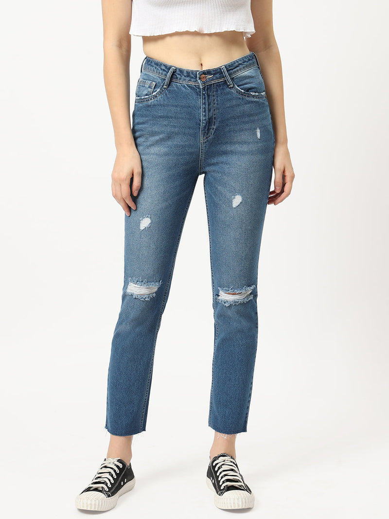 K5067 Super High-Rise Straight Ripped Jeans - Light Blue