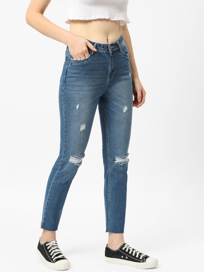 K5067 Super High-Rise Straight Ripped Jeans - Light Blue