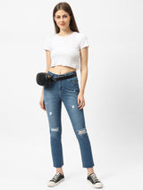 K5067 Super High-Rise Straight Ripped Jeans - Light Blue