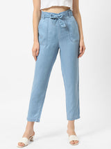 High-Rise Paper Bag Pants - Light Blue