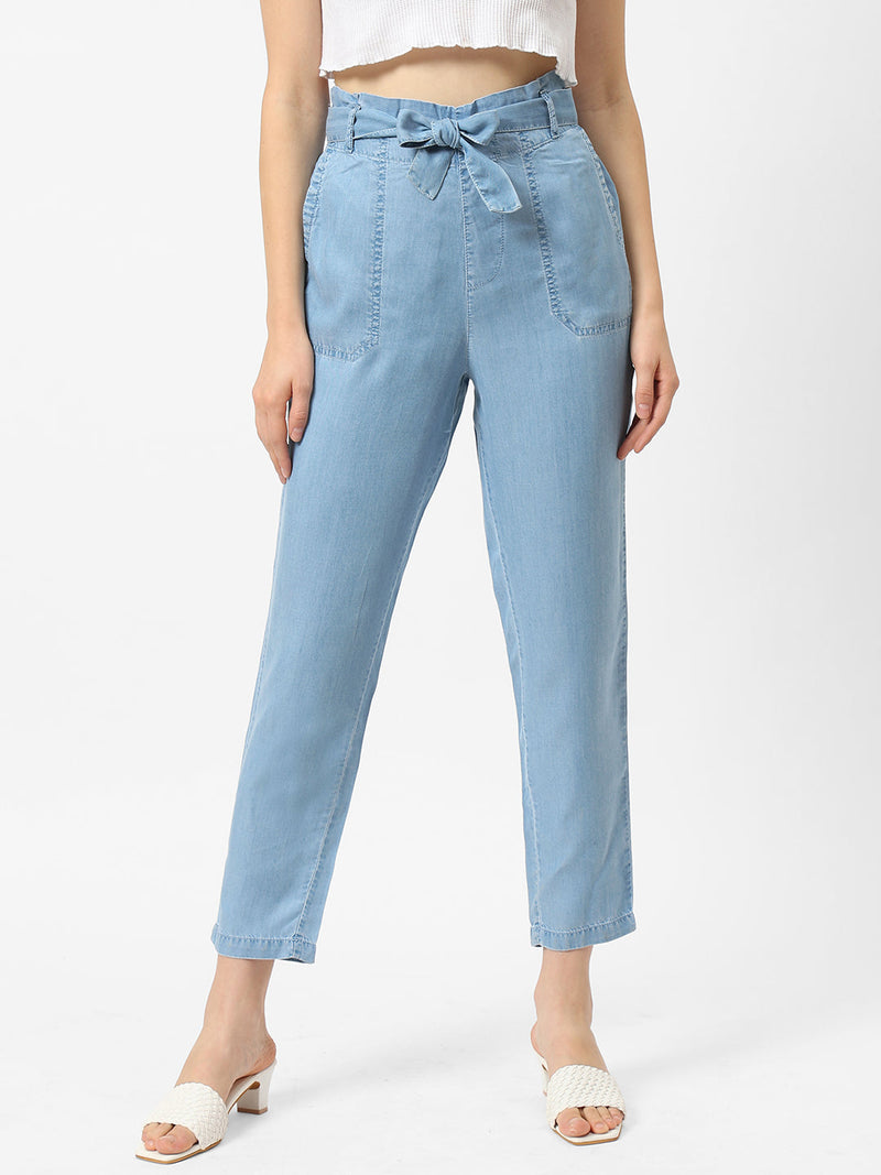 High-Rise Paper Bag Pants - Light Blue
